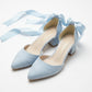 Fiona - Baby Blue Suede Heels With Satin Ribbon