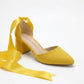 Fiona - Yellow Suede Heels With Satin Ribbon