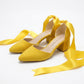 Fiona - Yellow Suede Heels With Satin Ribbon
