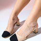 S3 - Beige Black Closed Toe Block Heel Sandal (Women)