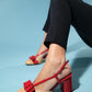 Veles - Red-Dark Beige Bow Block Heel Shoe (Women)