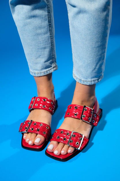 Blob Sandal - Red Patent Silver Buckle