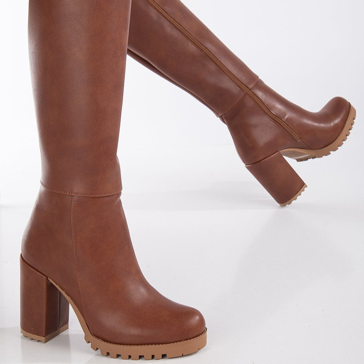 Alize Cognac Brown Wide Calf Platform Boots Prologue Shoes