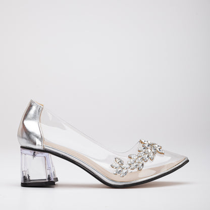 Cindy - Silver Transparent Low Bridal Heels