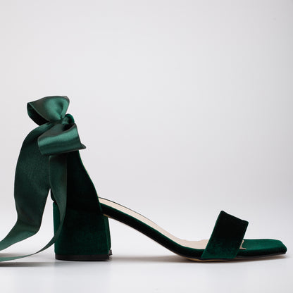 Hera - Green Velvet Low Heel Sandals with Ribbon