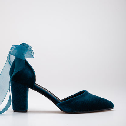 Gisele - Teal Blue Velvet Heels with Ribbon