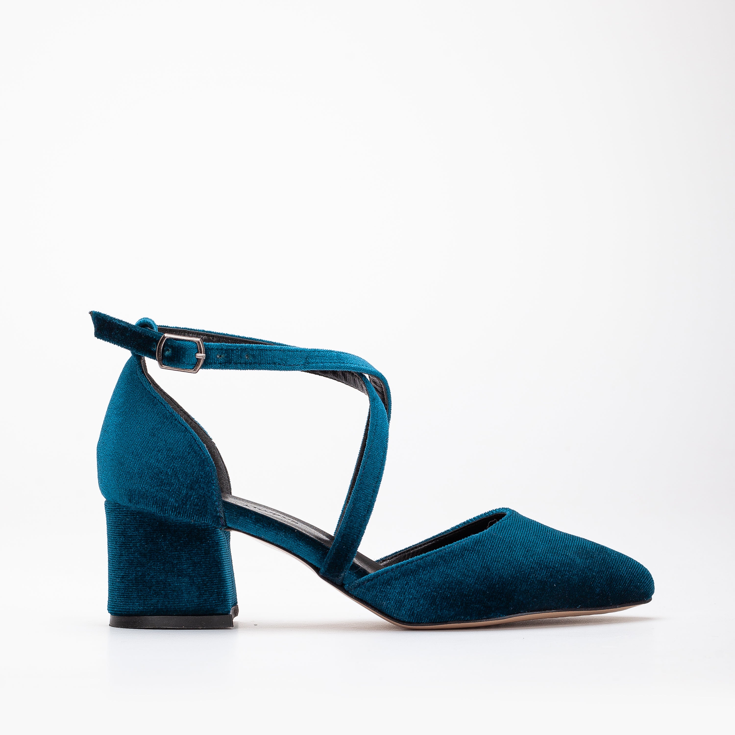 Dolly Teal Blue Velvet Block Heels Prologue Shoes