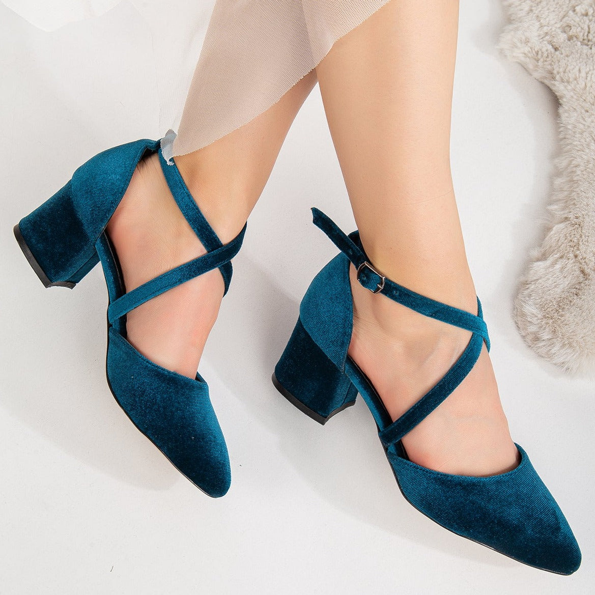 Dolly Teal Blue Velvet Block Heels