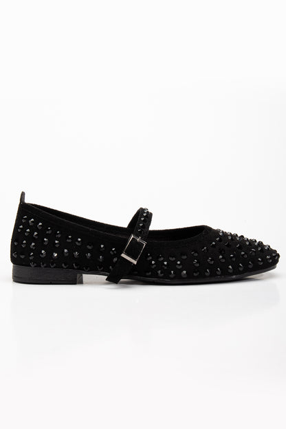 Emilie - Black Studded Crystal Mary Jane Flats