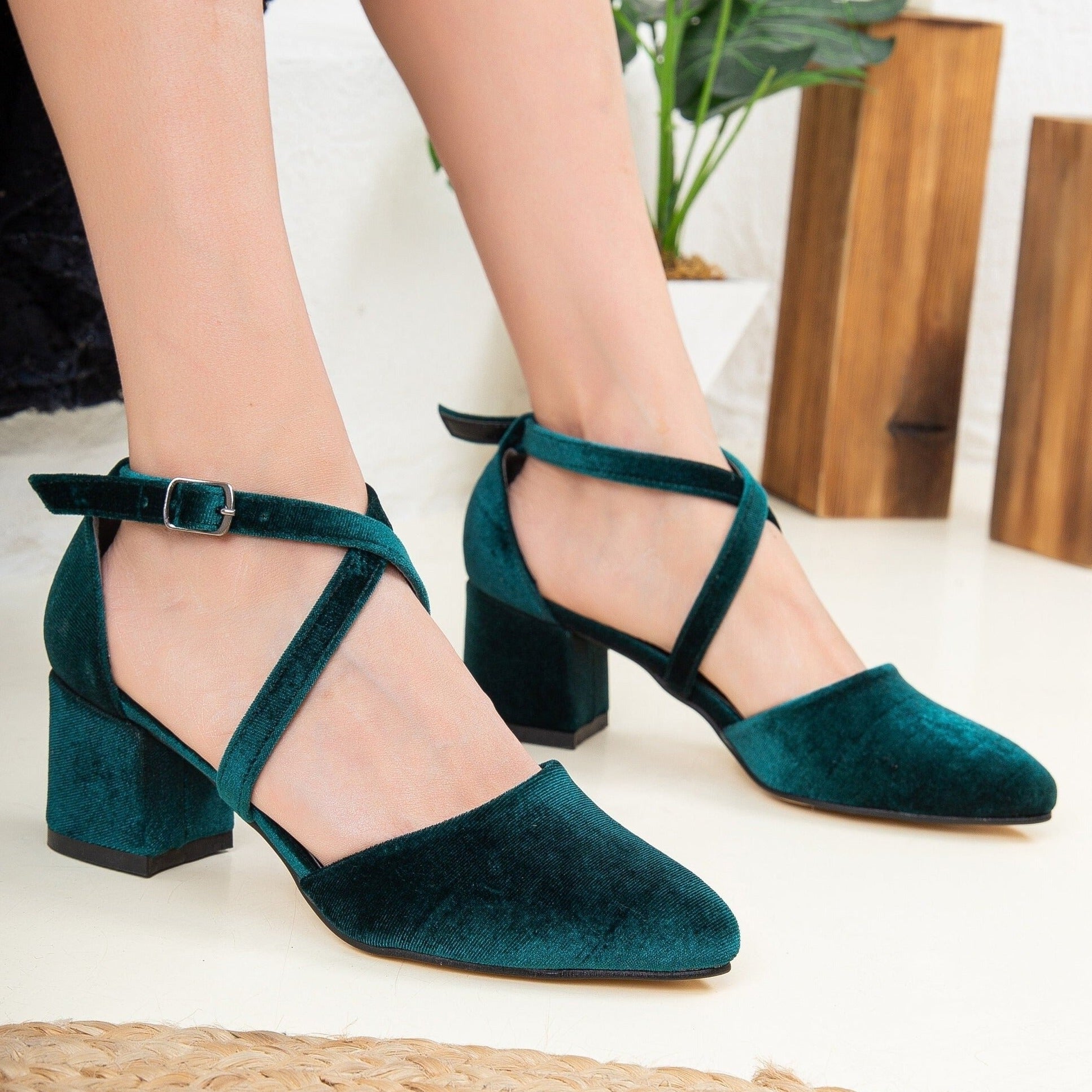 Green Velvet Heels, Green Velvet Shoes, Green Low Heels, Green Criss C ...