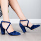 Blue Velvet Heels, Blue Velvet Shoes, Dark Blue Heels, Royal Blue Block Heels