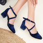 Blue Velvet Heels, Navy Blue Heels, Criss Cross Heels, Blue Block Heels