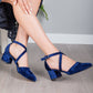 Blue Velvet Heels, Blue Velvet Shoes, Blue Low Heels, Navy Blue Heels