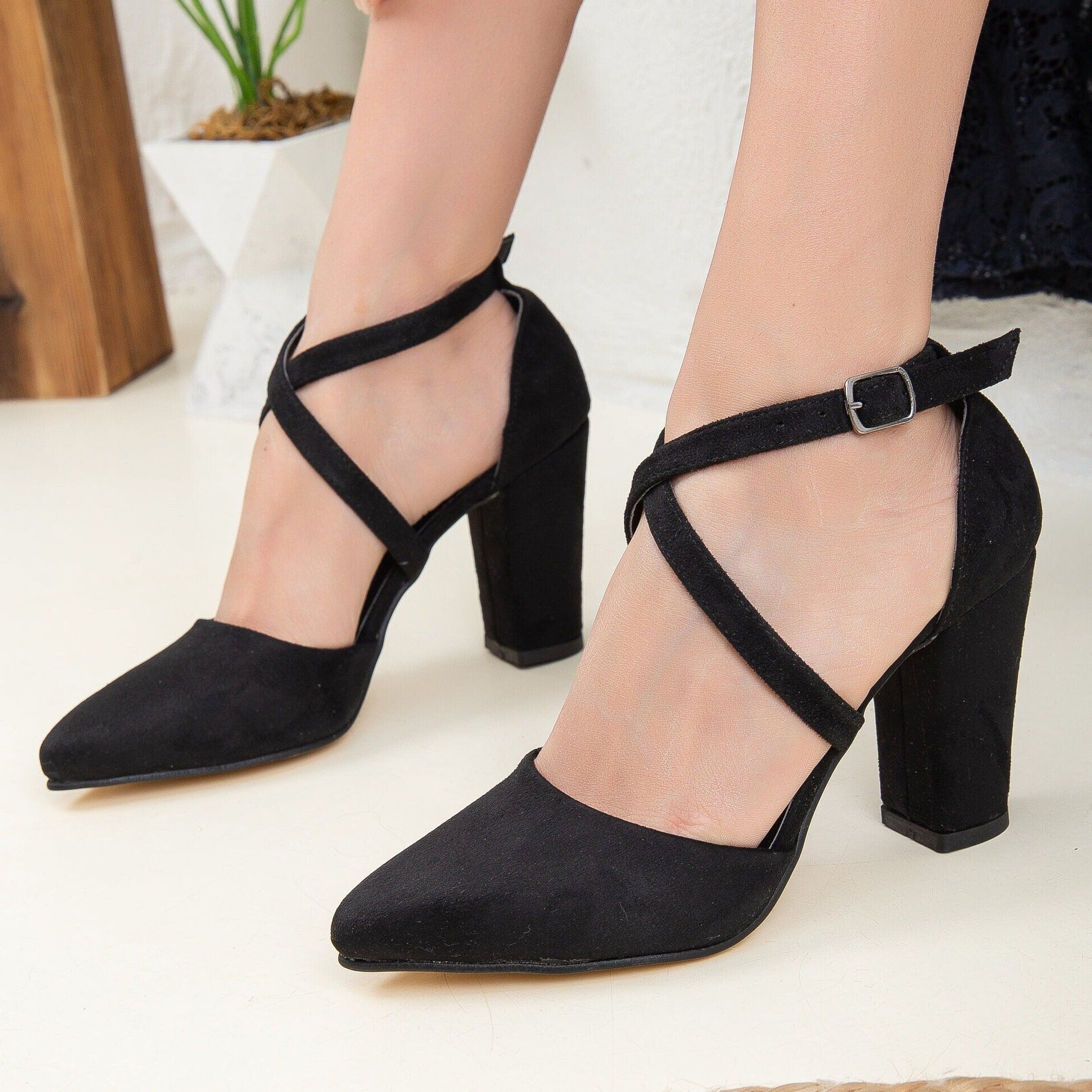 Sina Black Suede Criss Cross Heels Prologue Shoes