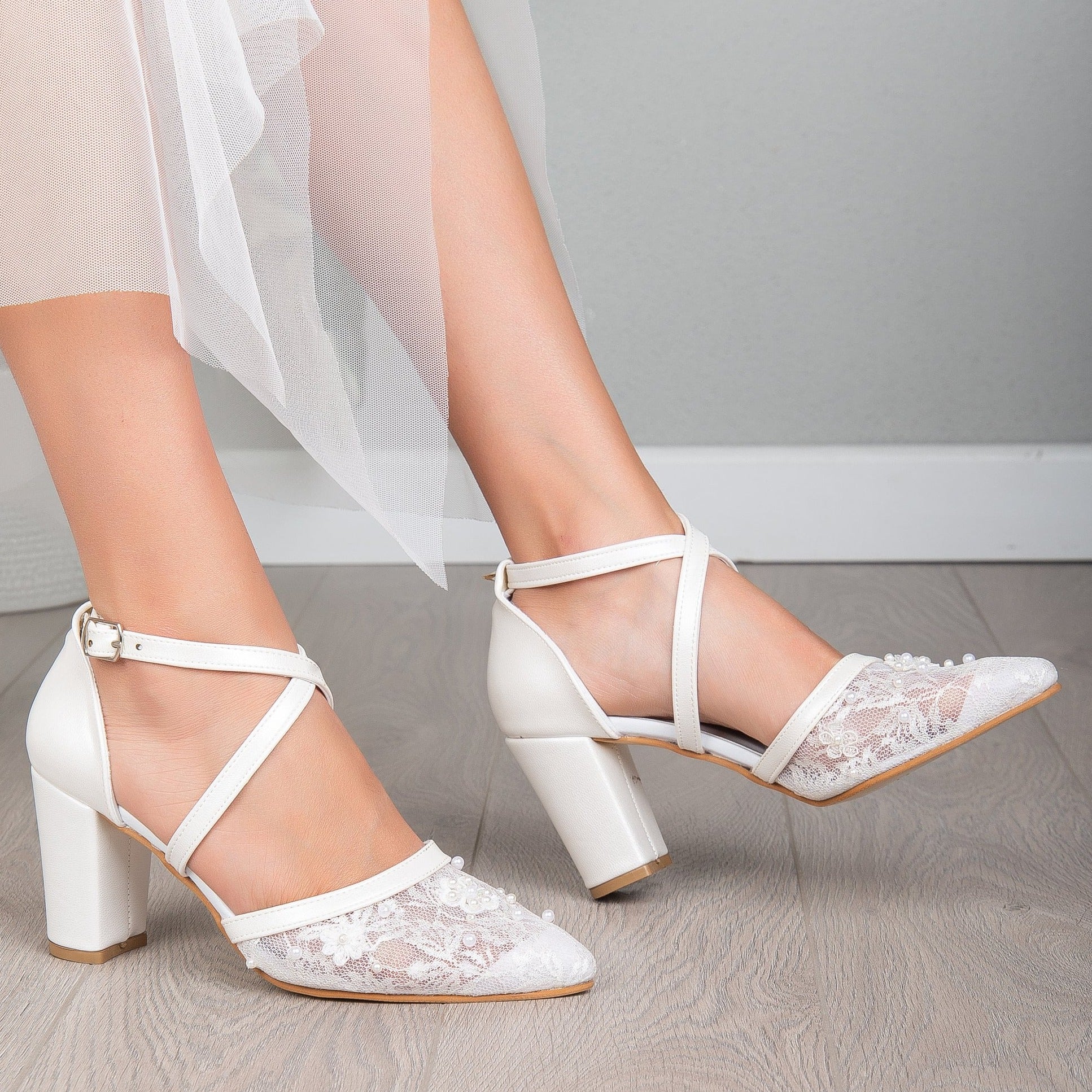 Pearls Lace Pointed Toe White High Heels Wedding Bridal Shoes, S016 –  OkBridal