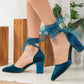 Blue Velvet Heels, Wedding Shoes, Teal Blue Velvet Heels with Ribbon, Blue Wedding Heels, Blue Velvet High Heels, Block Heel, Something Blue