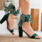 Green Velvet Sandals with Ribbon, Wedding Shoes, Green Velvet Sandals, Green Bridal Shoes, Green Wedding Heels, Emerald Green Block Heels