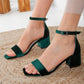 Green Velvet Sandals with Ribbon, Wedding Shoes, Green Velvet Sandals, Green Low Heels, Green Wedding Flats, Emerald Green Block Heels