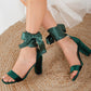 Green Velvet Sandals with Ribbon, Wedding Shoes, Green Velvet Sandals, Green Bridal Shoes, Green Wedding Heels, Emerald Green Block Heels