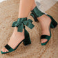 Green Velvet Sandals with Ribbon, Wedding Shoes, Green Velvet Sandals, Green Low Heels, Green Wedding Flats, Emerald Green Block Heels