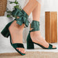 Green Velvet Sandals with Ribbon, Wedding Shoes, Green Velvet Sandals, Green Low Heels, Green Wedding Flats, Emerald Green Block Heels